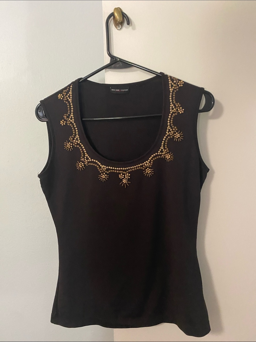 New York & Company Womens Sleeveless Brown Top with Bead Embellishment